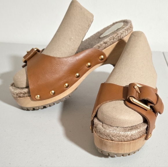 See by Chloe Joline Buckle Espadrille Brown Leather Studded Clog Sandals Size 38 - Picture 2 of 16